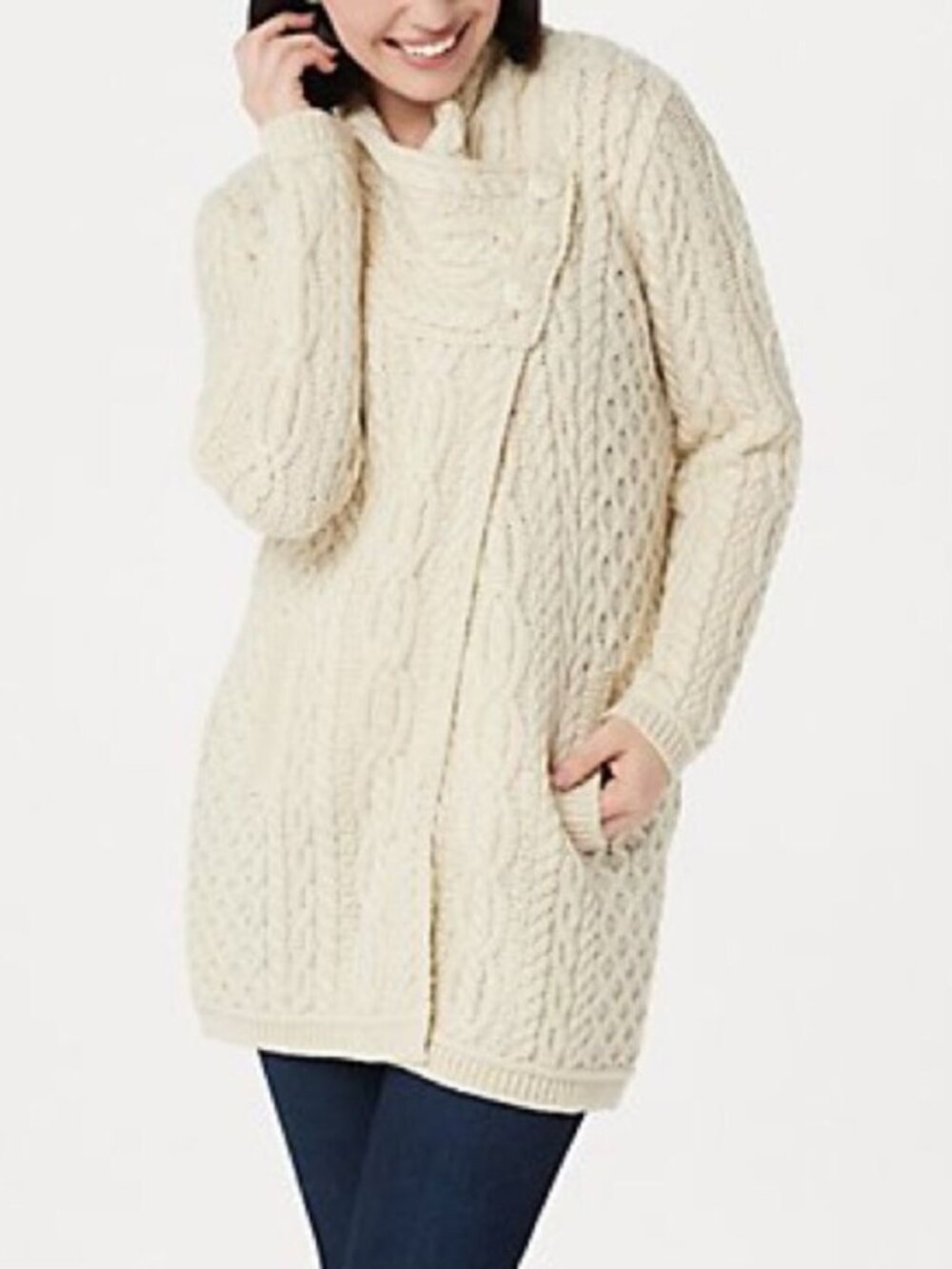 Aran Craft Merino Wool Button Collar Closure Cardigan